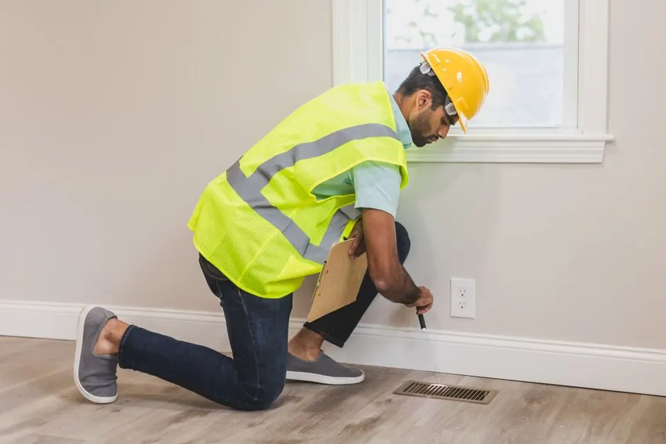 Inspector checking a wall with a moisture meter during a mold inspection in a Bedford, Texas home