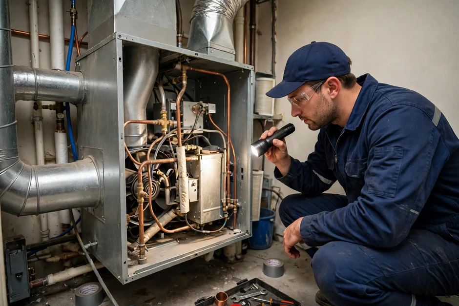 HVAC technician inspecting an open air handler unit for mold in a Bedford, Texas home