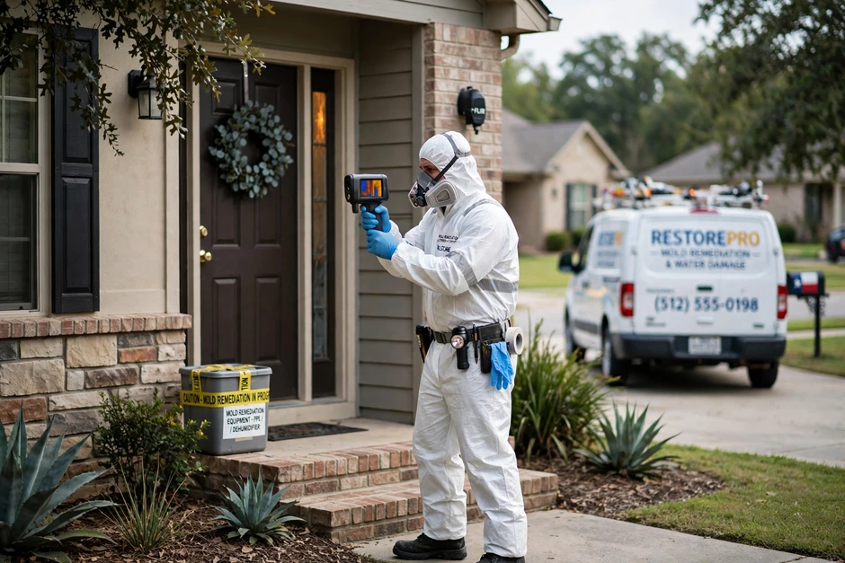 Mold remediation technician in a white protective suit and respirator holding a thermal imaging camera outside a brick suburban home, with a mold-remediation service van and caution signage in the background